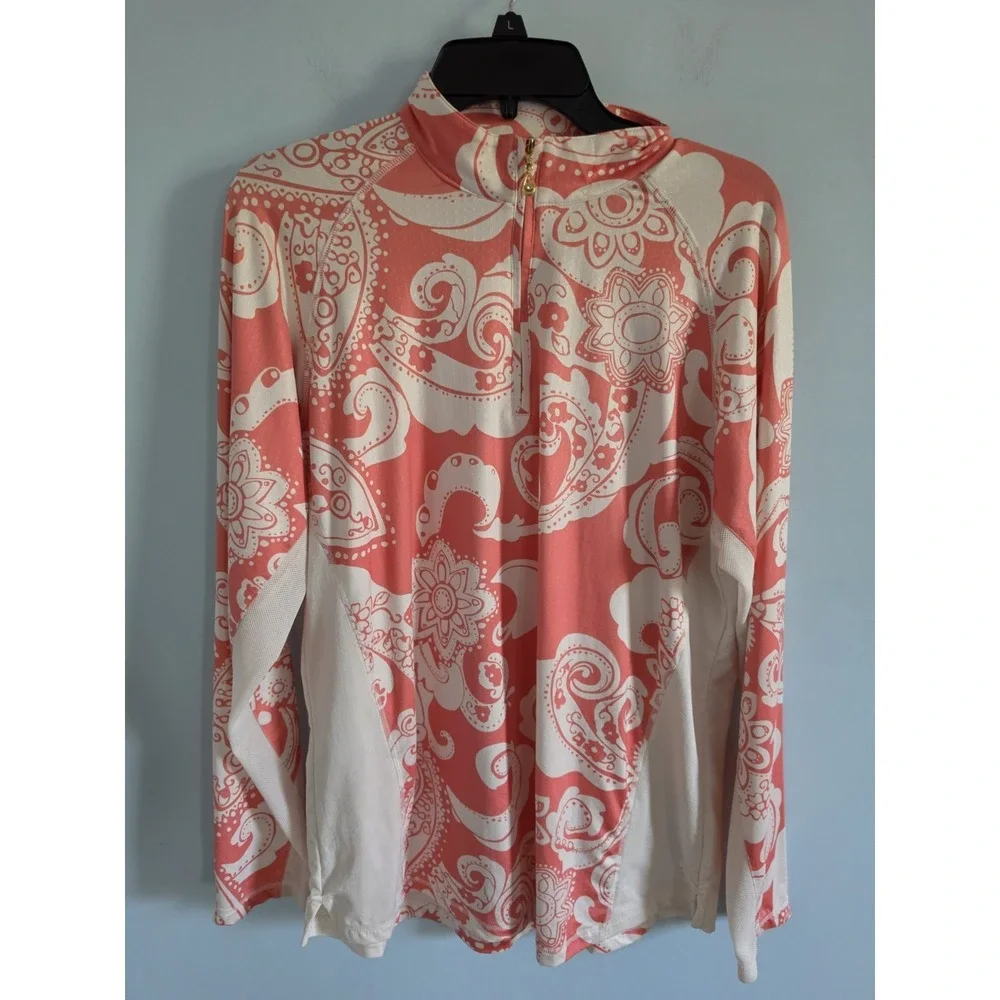 SanSoleil SolTek Long Sleeve Mock Quarterzip Golf Top Coral Paisley XL